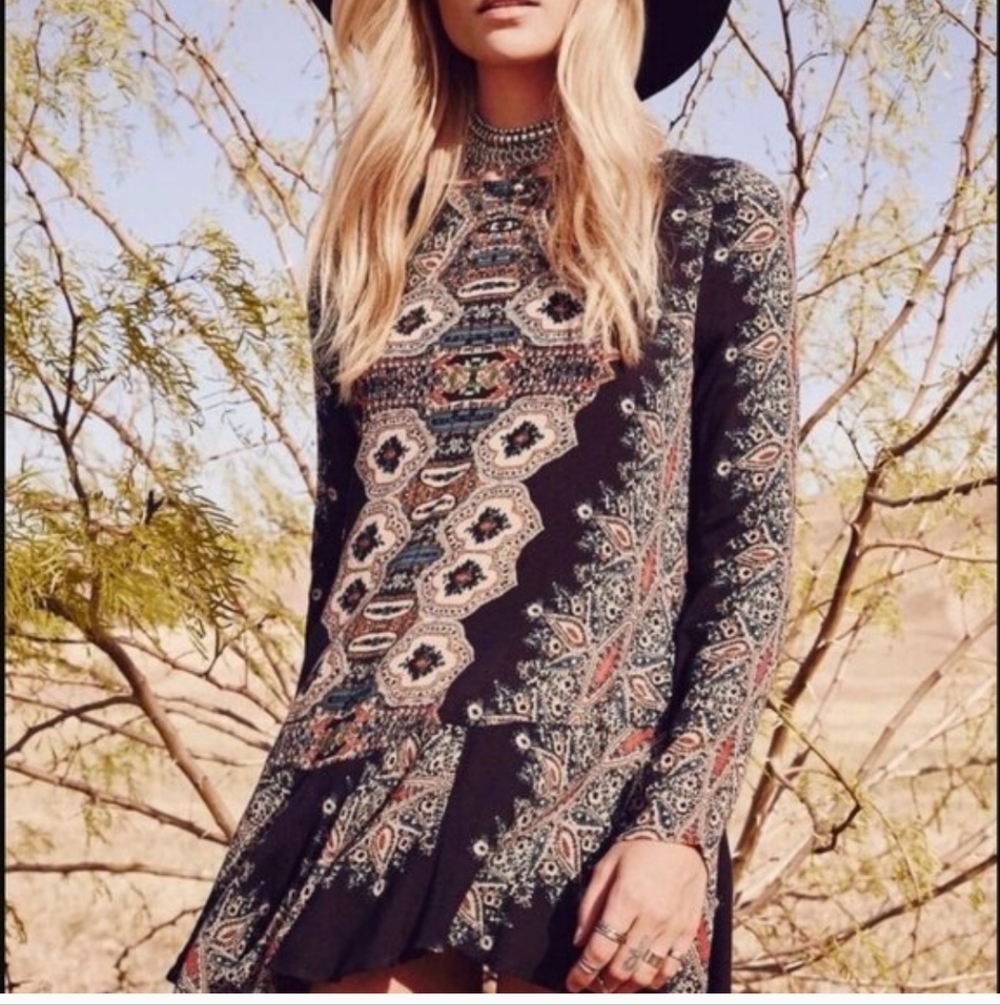 Free Peasant black beige Boho Mandala layer dress